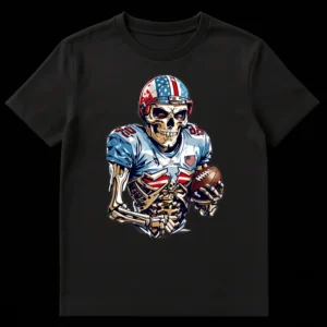 Skeleton American Football Player T-Shirt, Patriotic Flag Helmet, Number 80, NFL Logo, Stadium Raw Text on Black t-shirt