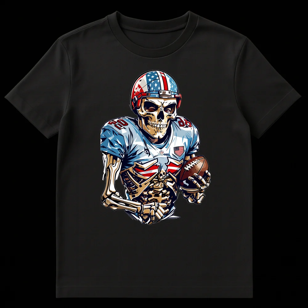 Skeleton American Football Player T-Shirt, Patriotic Flag Helmet, Number 80, NFL Logo, Stadium Raw Text on Black t-shirt