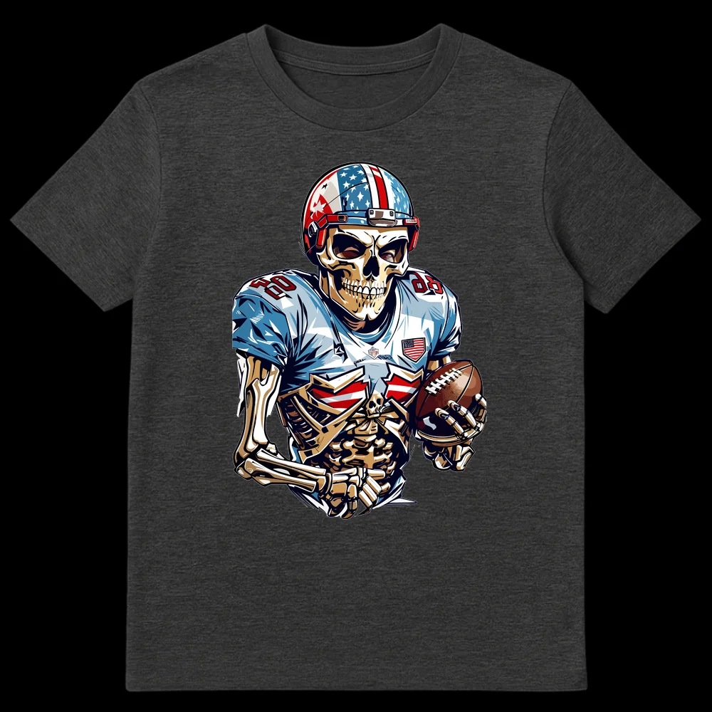 Skeleton American Football Player T-Shirt, Patriotic Flag Helmet, Number 80, NFL Logo, Stadium Raw Text on Dark Heather t-shirt