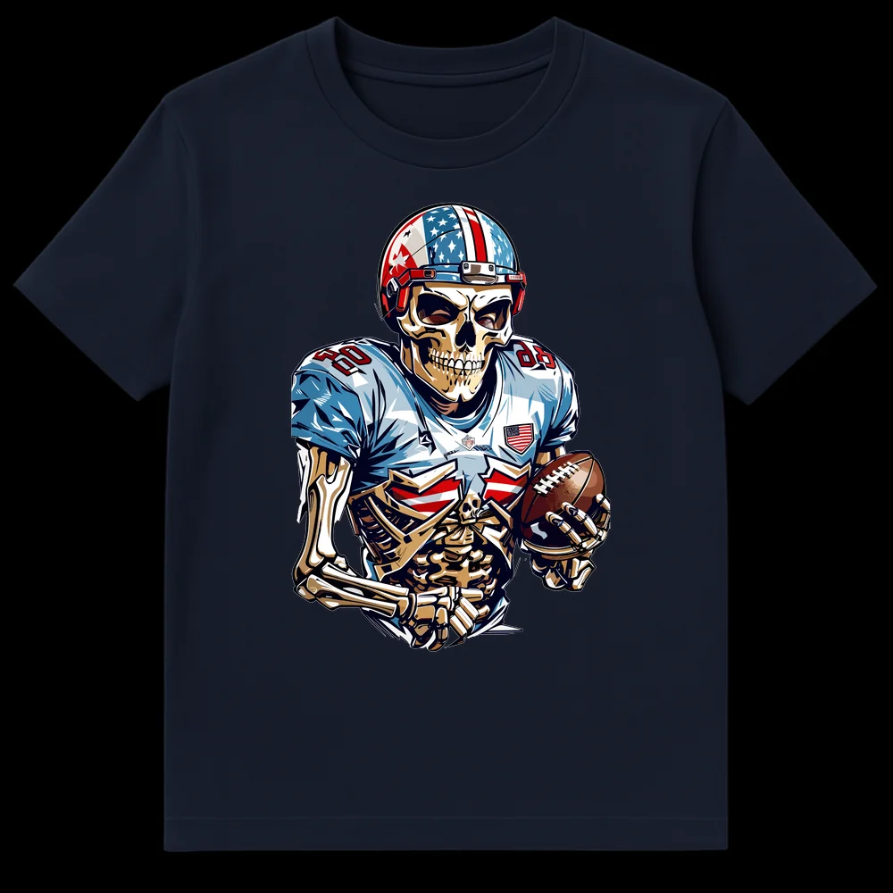 Skeleton American Football Player T-Shirt, Patriotic Flag Helmet, Number 80, NFL Logo, Stadium Raw Text on Navy Blue t-shirt