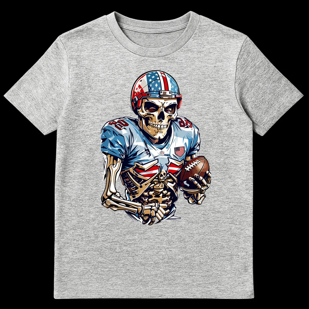 Skeleton American Football Player T-Shirt, Patriotic Flag Helmet, Number 80, NFL Logo, Stadium Raw Text on Sports Grey t-shirt