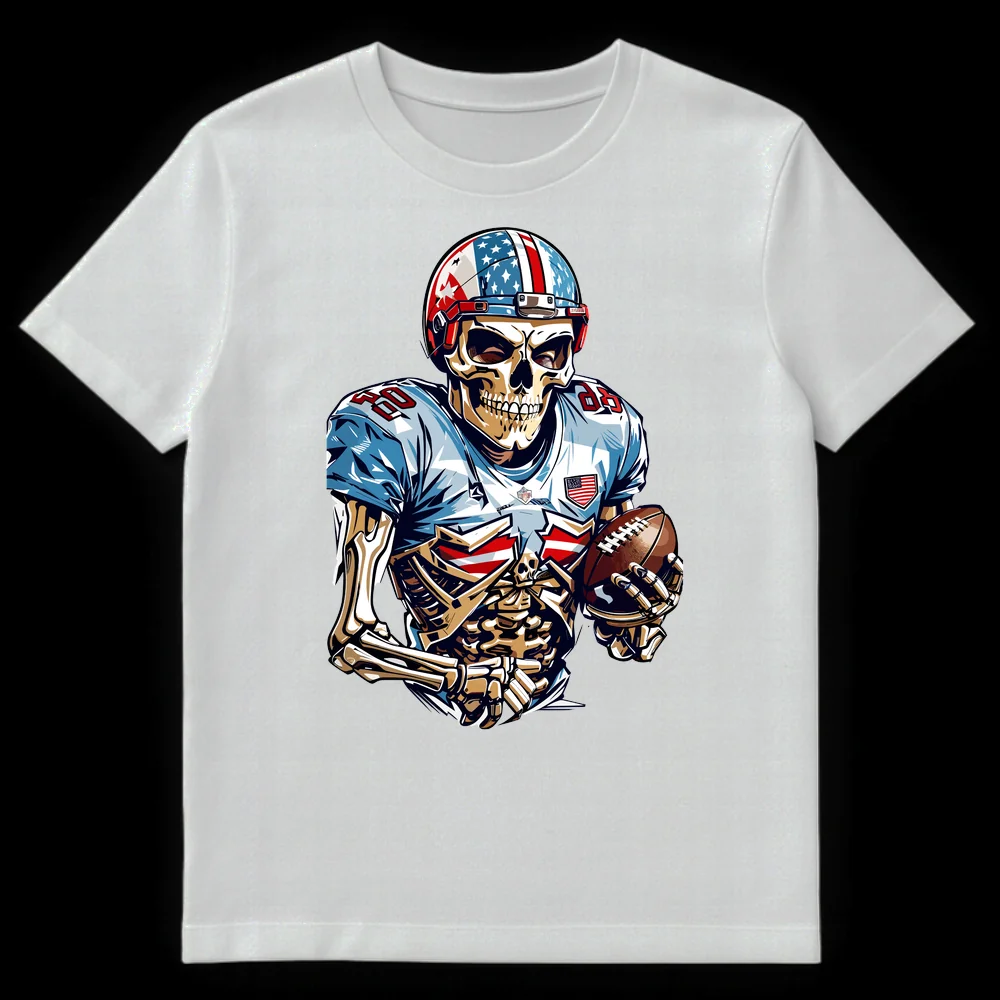 Skeleton American Football Player T-Shirt, Patriotic Flag Helmet, Number 80, NFL Logo, Stadium Raw Text on White t-shirt