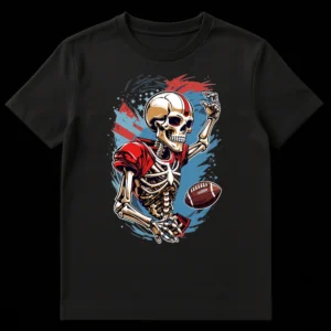 Edgy graphic t-shirt featuring a skeleton American football player in action, with a red, white, and blue splattered background and stars, symbolizing a 'die-hard' fan. on Black t-shirt