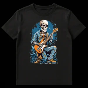 Undead Rocker T-Shirt featuring a skeleton guitarist playing an orange electric guitar in a dynamic pose, surrounded by blue and orange shattered elements. on Black t-shirt