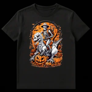 Detailed graphic t-shirt design featuring a cowboy skeleton riding a skeletal T-Rex, silhouetted against a large orange full moon with bats, surrounded by glowing pumpkins and bare trees. on Black t-shirt