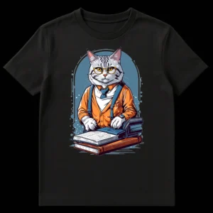 Anthropomorphic tabby cat wearing glasses, orange jacket, suspenders, reading books, and using a calculator, on a black background. on Black t-shirt