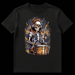 Skeleton drummer wearing a hoodie and headphones, playing a snare drum, with a dynamic, explosive background in orange and blue. Modern graphic illustration style. on Black t-shirt