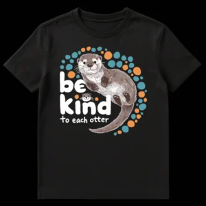 Be Kind To Each Otter T-Shirt with an illustrated otter on a black background with colorful dots on Black t-shirt