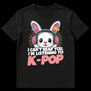Cute cartoon rabbit with glowing headphones and the text 'I CAN'T HEAR YOU. I'M LISTENING TO K-POP' on a black t-shirt. on Black t-shirt