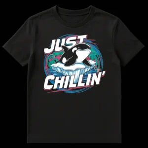 Retro 80s Vaporwave style t-shirt design with a cartoon orca lounging on an ice floe, text 'JUST CHILLIN'', vibrant pink and aqua palm trees in the background on Black t-shirt