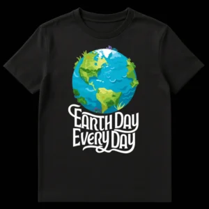 Vibrant Earth Day Every Day t-shirt featuring a colorful hand-drawn globe on a black background with white text on Black t-shirt