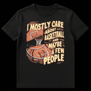Retro basketball court t-shirt with text 'I MOSTLY CARE ABOUT BASKETBALL AND MAYBE A FEW PEOPLE' on Black t-shirt