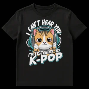 Cute cartoon orange tabby cat wearing teal headphones with "I CAN'T HEAR YOU. I'M LISTENING TO K-POP" text on a black t-shirt. on Black t-shirt