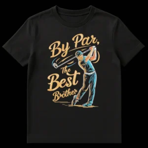 T-shirt featuring a comic-style golfer and 'By Par, The Best Brother' golf pun text in gold and blue on Black t-shirt