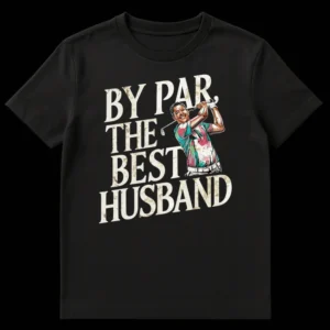 BY PAR, THE BEST HUSBAND golf t-shirt with a vibrant golfer illustration on Black t-shirt