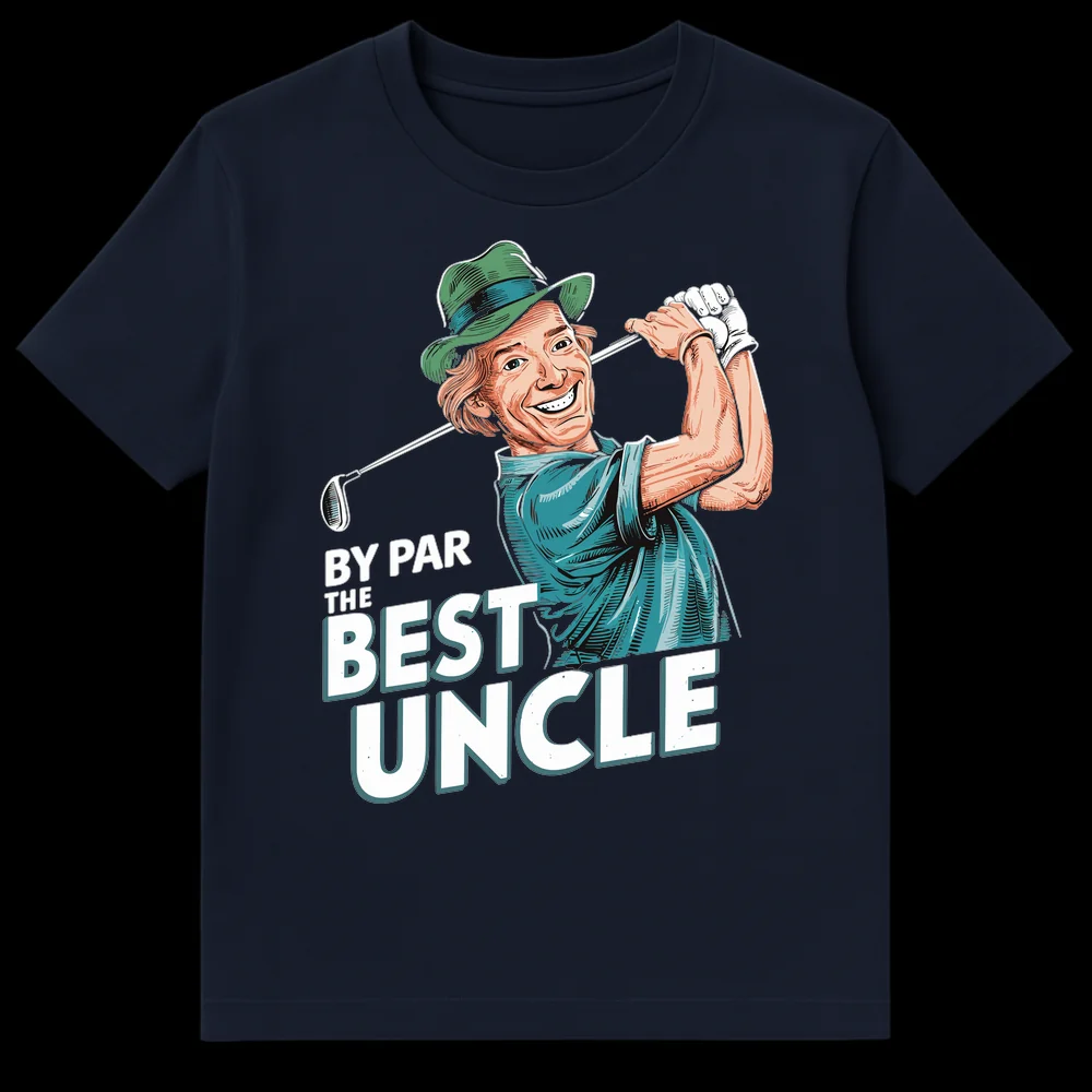 Joyful male golfer with green hat and golf club, smiling widely. Text reads BY PAR THE BEST UNCLE with a golf pun. on Navy Blue t-shirt
