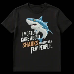 Humorous black t-shirt with a blue cartoon shark and the text 'I MOSTLY CARE ABOUT SHARKS AND MAYBE A FEW PEOPLE.' on Black t-shirt