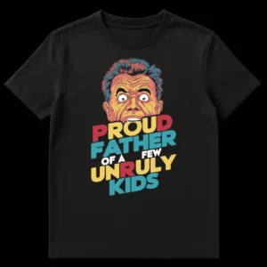 T-shirt design featuring an exasperated, comic-style dad's face with wide eyes and open mouth, above the text 'PROUD FATHER OF A FEW UNRULY KIDS' in bold, colorful letters. on Black t-shirt