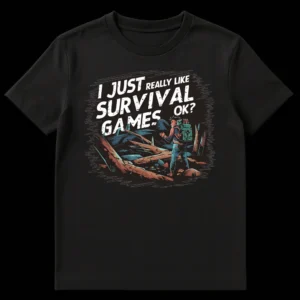 Survival Games Fan T-Shirt with 'I JUST REALLY LIKE SURVIVAL GAMES OK?' text and a lone survivor in a desolate landscape. on Black t-shirt