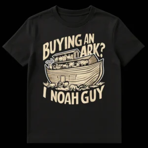 Noah's Ark Pun T-Shirt with "BUYING AN ARK? I NOAH GUY" text, featuring a distressed vintage-style ark graphic with animals on a dark background. on Black t-shirt