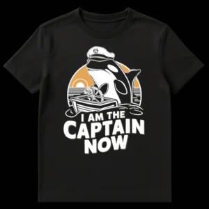 Humorous graphic t-shirt featuring an orca in a captain's hat with a boat and the text 'I AM THE CAPTAIN NOW' on Black t-shirt