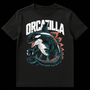 ORCAZILLA t-shirt design featuring a monstrous killer whale and Godzilla hybrid creature with sharp teeth and dorsal fins, in a dark teal, white, and coral orange color palette on black background. on Black t-shirt