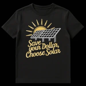 Vintage-style 'Save your Dollar, Choose Solar' t-shirt with sun and solar panels graphic on Black t-shirt