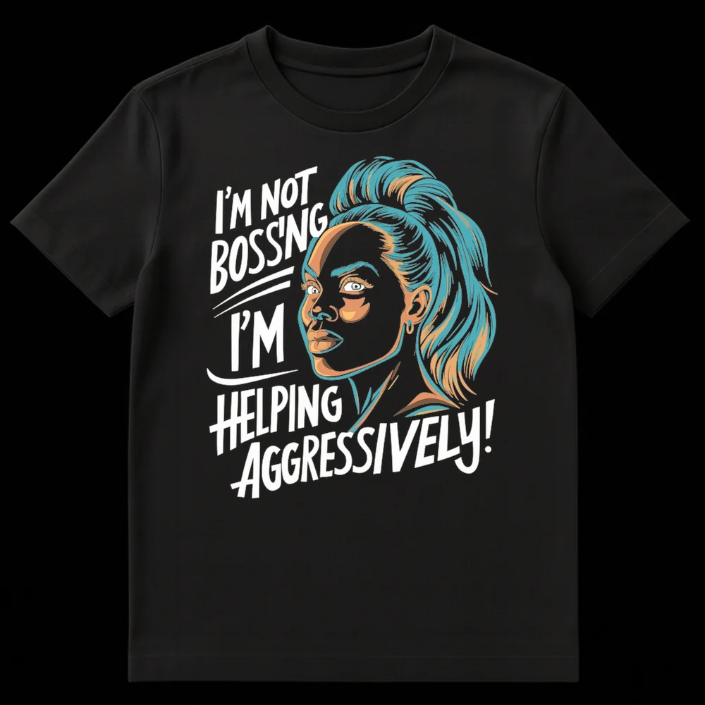 Woman's face t-shirt with text 'I'M NOT BOSSING I'M HELPING AGGRESSIVELY!' on Black t-shirt