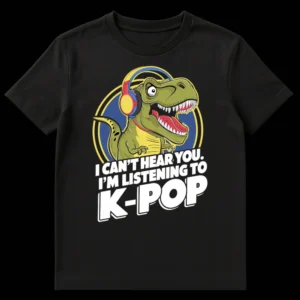 Humorous K-Pop dinosaur t-shirt design with 'I CAN'T HEAR YOU. I'M LISTENING TO K-POP' text, featuring a T-Rex wearing headphones on Black t-shirt