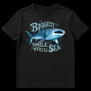 Whale Shark Biggest Smile You'll Sea T-Shirt featuring a blue whale shark with open mouth and text in distressed script on Black t-shirt