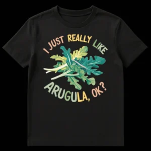 I Just Really Like Arugula Ok T-Shirt - Vibrant cartoon style illustration of arugula leaves on a black t-shirt on Black t-shirt