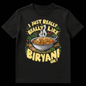 T-shirt with vibrant Biryani pot, spices illustration, and text 'I JUST REALLY REALLY LIKE BIRYANI OK?' on Black t-shirt