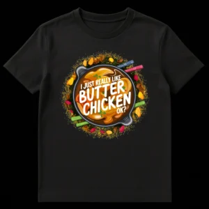 Vibrant Butter Chicken T-Shirt design with a pot of curry, spices, and text 'I JUST REALLY LIKE BUTTER CHICKEN OK?' on a black background. on Black t-shirt