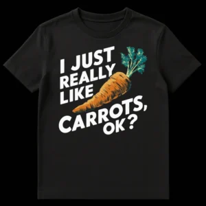 Humorous 'I JUST REALLY LIKE CARROTS, OK?' t-shirt with a retro-cartoonish carrot illustration on a black background. on Black t-shirt