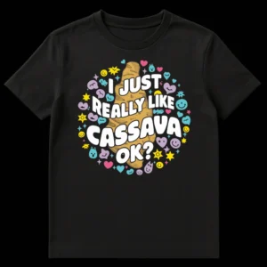 Black t-shirt with text 'I JUST REALLY LIKE CASSAVA OK?' and a cassava root surrounded by colorful doodles. on Black t-shirt
