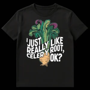 Stylized cartoon t-shirt design featuring a vibrant celery root with text 'I JUST REALLY CELERY LIKE ROOT, OK?' on Black t-shirt