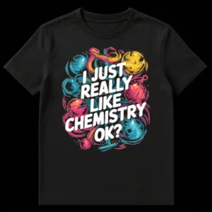 I Just Really Like Chemistry OK T-shirt with Pop Art Lab Equipment in Cyan, Pink, Yellow on Black on Black t-shirt