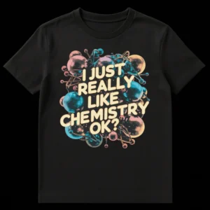 I JUST REALLY LIKE CHEMISTRY OK? T-Shirt with vibrant 3D molecular art on black background, text in creamy yellow. on Black t-shirt