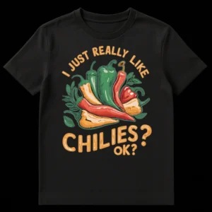 Vintage Chili Pepper Lover T-Shirt with 'I JUST REALLY LIKE CHILIES? OK?' text, featuring colorful hand-drawn peppers on black on Black t-shirt
