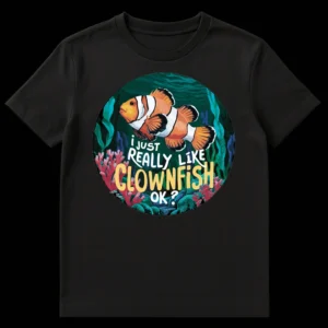 Vibrant clownfish t-shirt with text 'I JUST REALLY LIKE CLOWNFISH OK ?' amidst coral reef art. on Black t-shirt