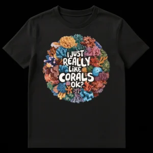 I Just Really Like Corals OK? T-Shirt with vibrant, semi-realistic coral reef illustration on a black background on Black t-shirt