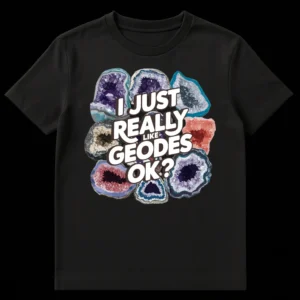 Black t-shirt with colorful, stylized geode design and white text 'I JUST REALLY LIKE GEODES OK?' on Black t-shirt