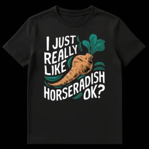 Black t-shirt with stylized horseradish root and green leaves, and white text 'I JUST REALLY LIKE HORSERADISH OK?' on Black t-shirt