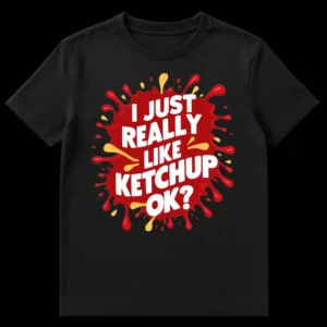 I Just Really Like Ketchup OK? T-Shirt with red ketchup splash and yellow accents on black background on Black t-shirt