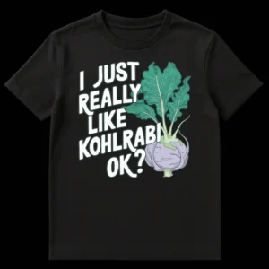 Black t-shirt with a cartoon kohlrabi illustration and white text 'I JUST REALLY LIKE KOHLRABI OK?' outlined in dark teal. on Black t-shirt