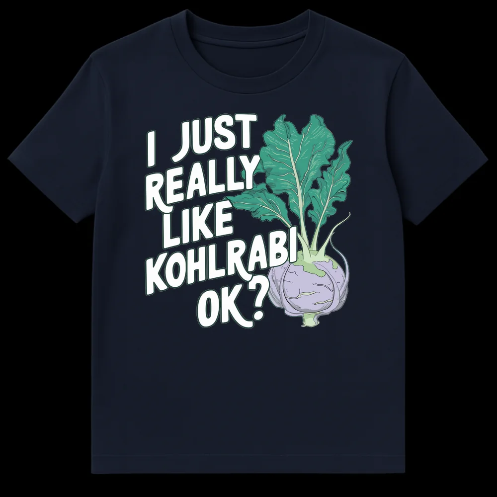 Black t-shirt with a cartoon kohlrabi illustration and white text 'I JUST REALLY LIKE KOHLRABI OK?' outlined in dark teal. on Navy Blue t-shirt