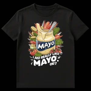 Cartoon t-shirt design showing an overflowing jar of mayonnaise with a spoon, surrounded by pickles, tomatoes, and lettuce, with the text 'I JUST REALLY LIKE MAYO OK?' on Black t-shirt