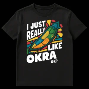 I Just Really Like Okra OK? T-Shirt with vibrant, stylized okra pod and colorful abstract shapes. on Black t-shirt