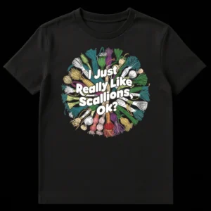 I Just Really Like Scallions Ok T-Shirt with hand-drawn green onions and allium arrangement in an earthy, rustic style on a black background on Black t-shirt