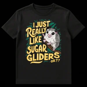 Cute cartoon sugar glider t-shirt with text 'I JUST REALLY LIKE SUGAR GLIDERS ok??' and green leaves on black background on Black t-shirt